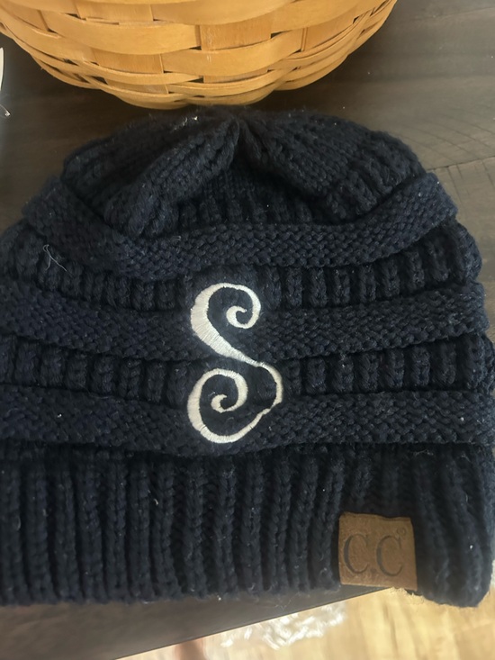 C.C Sweaters - C.C Navy Knit Beanie with White Embroidered Swirl